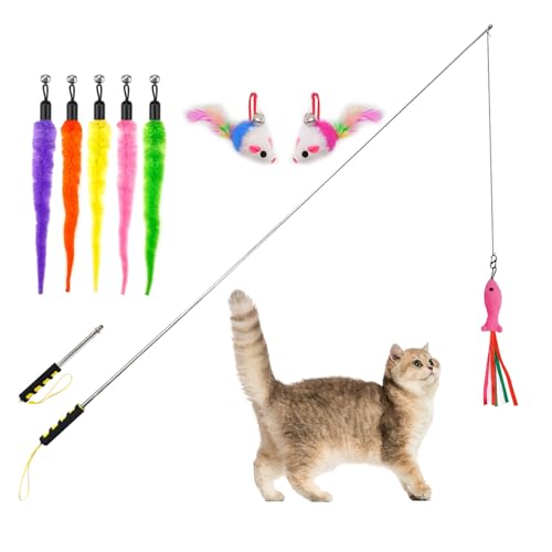 OBCLEUAEN Cat Wand Toys,Cat Toys Interactive for Indoor Cats, 2 Retractable Cat Wand,8 Pcs Plush Cat Teaser Toys Refills for Indoor Cats to Chase and Exercise