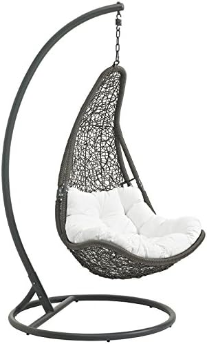 Modway Abate Wicker Rattan Outdoor Patio Porch Lounge Swing Chair Set with Stand in Gray White