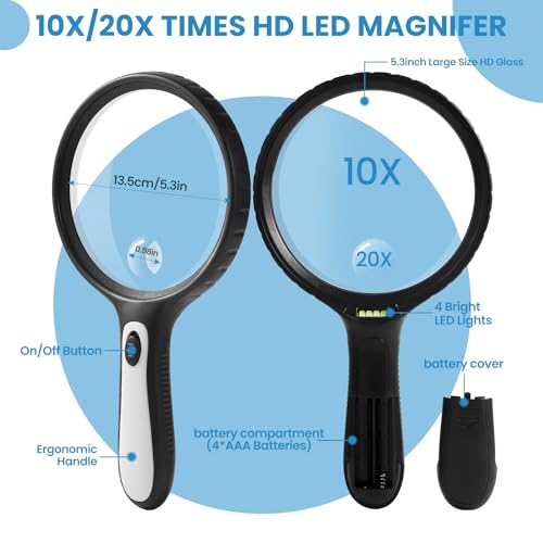image for ZERNBER Large Magnifying Glass with Light, 10x 20x Handheld Clear Magn