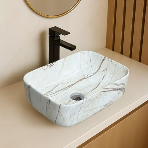 Image of Artiva Ceramic Wash Basin /Tabletop Washbasin For Bathroom,12 inchx16 inch /Small Countetop Bathroom Basin /Table Top Basin For Home,Office,Hotel /Rectangle Glossy Sink (Marmi Beige,12x16 Inch)