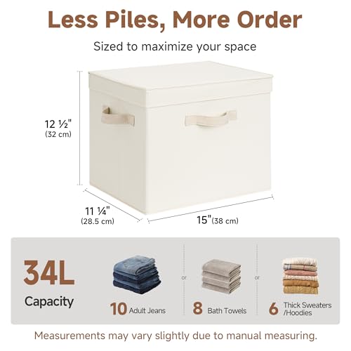 Image of StorageWorks Storage Bins with Lid, Decorative Fabric Storage Bins with Handles, Stackable Closet Organizers for Shelves and Bedroom, Large, Beige(Cotton Linen), 2-Pack