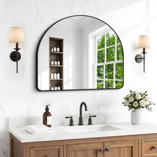 Image of BONEWEI Arched Wall Mirror,36 inchx30 inch inch Black Arched Mirror Bathroom,Vanity Mirror for Over Sink Metal Frame,Tempered Glass Arch Mirrors for Bedroom,Entryway,Living Room,Home Decor Shatter-Proof