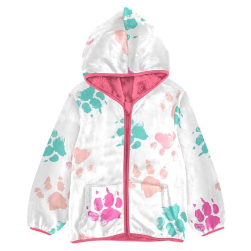 OTVEE Pink Blue Dog Paw Print Kids Hoodie Jacket Fall Spring Full Zip Warm Outwear Coat