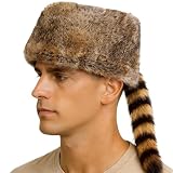 Lupidyyxun Real Raccoon Hat with Tail for Men Women Rabbit Fur Davey Crockett Coonskin Hat Russian Ushanka Fur Hats (Brown)