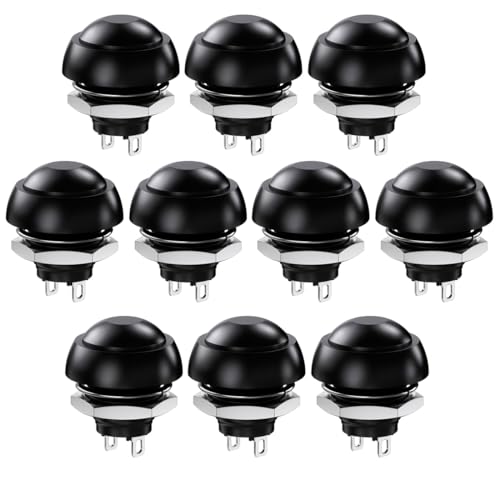 Gebildet 10 Pulsadores Momentáneos SPST de 12mm, Resistentes al Agua, ON/Off, 3A/3V, 5V, 9V, 12V, 24V y 230V CA. Mini Botón Redondo sin Cerradura para Coche, PC, Lámpara de Mesa y Timbre (Negro)
