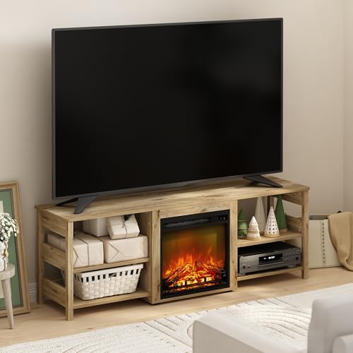 Image of Furinno Classic Fireplace TV Stand, Entertainment Center, TV Console for TV up to 70 Inch with Fireplace, for Living Room, Bedroom, Flagstaff Oak