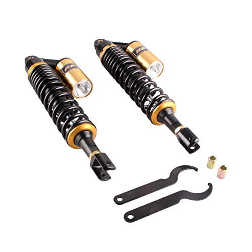 Gzyf Pair 350M Motorcycle Air Shock Absorbers Universal Fits Honda Suzuki Yamaha Kawasaki Atv Go Kart Quad Dirt Sport Bikes Black & Gold Eye To Clevis #TOP1