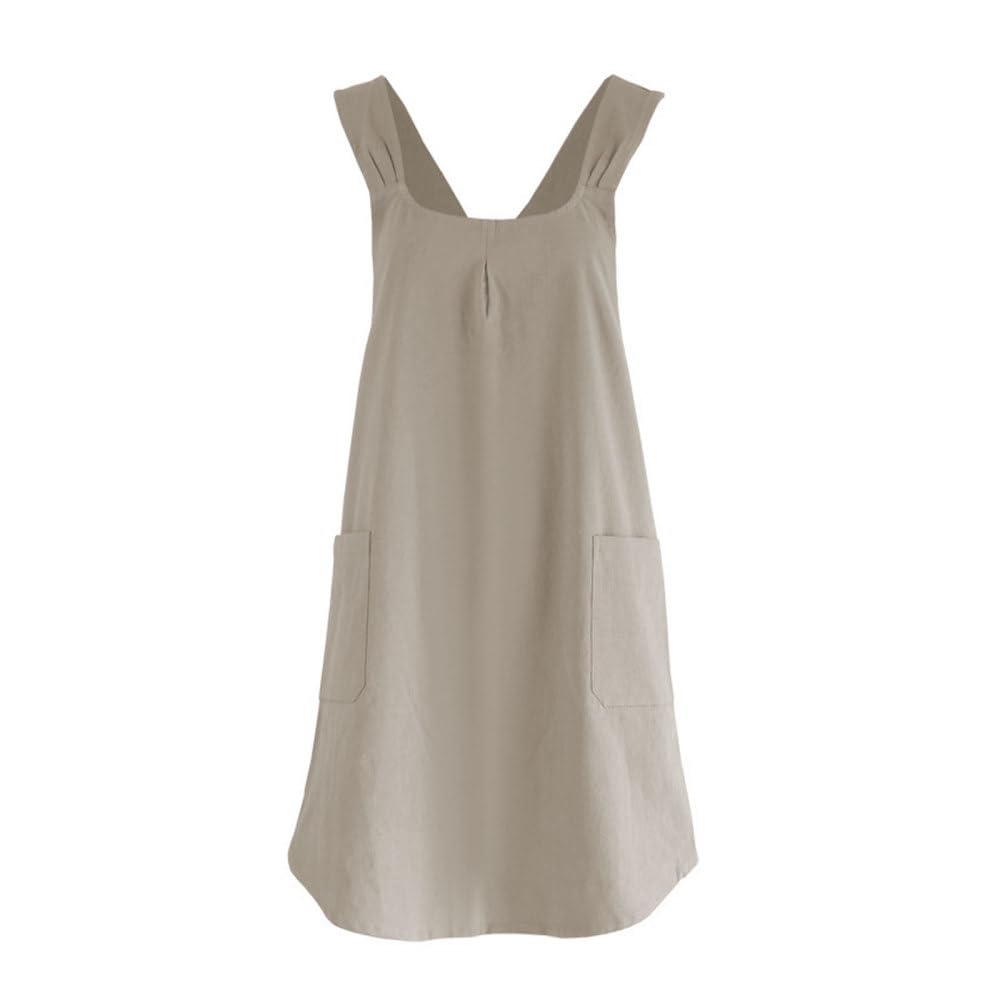 Bdkmms Women's Khaki Cotton Linen Apron, Cross Back Apron With Side Pockets, Summer Lightweight Aprons For Cooking, Baking, Painting, Gardening
