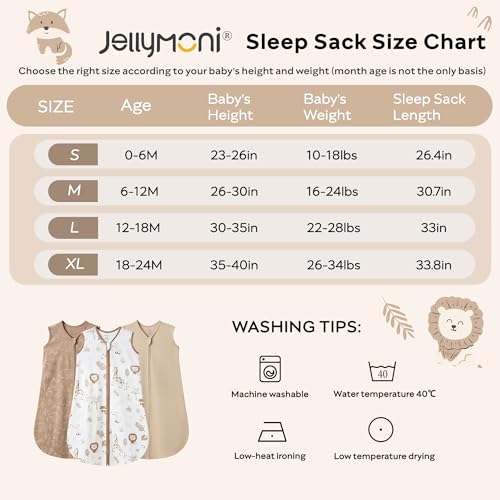 Image of JELLYMONI Baby Sleep Sack 6-12M, 0.5 TOG, 100% Cotton Wearable Blanket | 3 Pack, Soft Cotton Fabric, Breathable Lightweight Sleeveless Sleep Sack, Pre-Shrunk, 2-Way Zipper