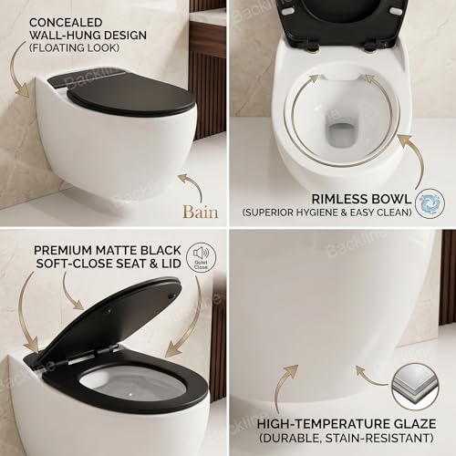 Image of B Backline Elite Ceramic Rimless Wall Hung Western Toilet /Water Closet /Commode /European Commode With Soft Close Toilet Seat Cover - P Trap 57 X 39 X 42 Cm (Black Matt White) (5 Years Warrenty)