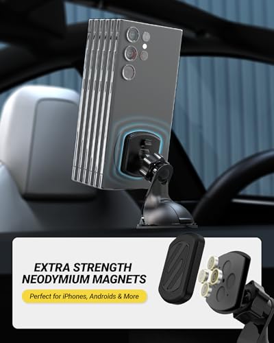 Image of Scosche Extra Strength Suction Cup Phone Mount, Magnetic Dashboard /Windshield Mount Cell Phone Holder for Car with 360 Rotation, StickGrip Base & Thick Metal Plate for iPhone and Android, Not MagSafe