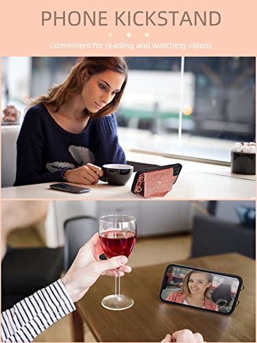 Wrukklca Compatible With Iphone 14 Pro Case, Glitter Phone Wallet Case With Card Holder, Leather Case With Crossbody Strap For Women Case Protective Cover For Iphone 14 Pro - Rose Gold #TOP4