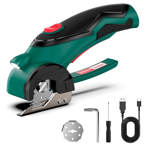 HYCHIKA Tijera Electrica Inalámbricas 4V, Cúter Rotativo Eléctrico 300 RPM, Tijeras Eléctricas con 2 Cuchillas y LED para Tela, Costura, Cuero, Alfombra, Cartón y Plástico