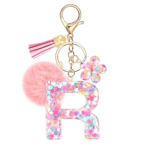 JSRQT Initial Letter R Keychain for Girls, Cute Pink Flower Resin Alphabet Keyrings,...