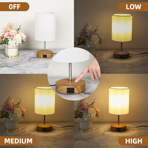 Bedside Lamps, Touch Control Table Lamp 3-Way Dimmable Small Lamp with 3D Pleats Fabric Shade LED Minimalist Nightstand Warm White for Christmas Xmas Bedroom Living Room (Wood) - Image 4