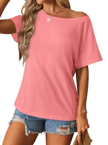 Image of Hilinker Womens Sexy Off The Shoulder Tops Short Batwing Sleeve T Shirt Oversized Casual Tee Orange Red Large