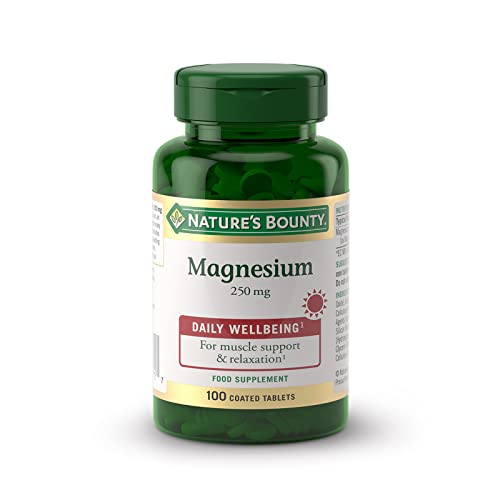 Nature's Bounty Magnesium 250 mg Tablets - Pack of 100 Coated Tablets, One-a-Day - Supports Energy and Vitality - Suitable for Vegans