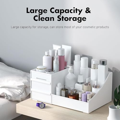 Image of Makeup Organizer Stand Desk Storage Dressing Table Organiser Cosmetic Organizer Box Skin Care Table Bathroom Organiser Makeup Storage Box Makeup Vanity with Transparent Drawer(Square,White)