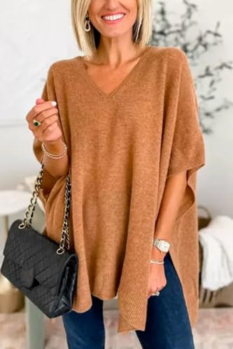 Image of Pinclodly Womens Poncho Sweater Women V Neck Ponchos and Wraps Batwing Sleeveless Shawl Pullover Sweaters Women's Clothing