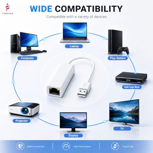 Image of FORIDA USB 2.0 to Ethernet LAN Adapter RJ45, 10 /100 Mbps Network Converter for Laptop & PC, Compatible with Windows 11 /10 /8 /7, Mac OS & Linux, Plug & Play USB to LAN Adapter