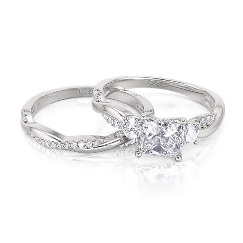 Image of Jeulia Round /Princess Cut Wedding Ring Sets for Women Three Stone Bridal Sets Engagement Ring Set CZ Twisting Infinity Pave Set 925 Sterling Silver Free Engraving