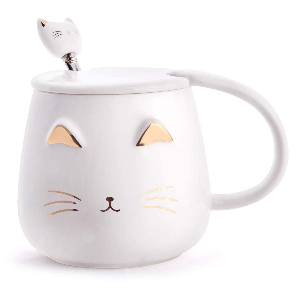 Cute Cat Coffee Mug Set With Lid and Kitty Spoon - Novelty Morning Tea Milk Mugs for Cat Lovers, Girls, Women - Christmas Birthday Gift 400ML/14oz (White)