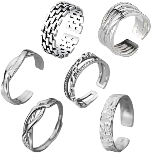 Votvlog 6 Piezas Anillos Hombre Acero Inoxidable Plata Joyería Pulida Anillos Cadena Nudo Celt Juego de Moda Anillos Vintage Anillo Gótico Punk para Hombre Mujer Tamaño Indie Anillo Abierto Ajustable