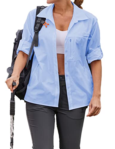 PINSPARK - PINSPARK Womens Quick Dry Long Sleeve Blouses Hiking Camping Sun Protection UPF 50+ Shirts Fishing Sailing Shirt Tops with Pockets Blue L