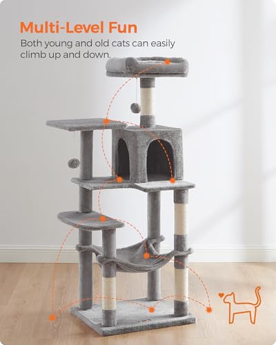Image of Feandrea Cat Tree, 54.2-Inch Cat Tower, Plush Multi-Level Condo with 4 Scratching Posts, 2 Perches, Hammock, Cave, Light Gray UPCT161W01