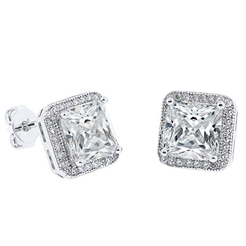 Robert Matthew June 18k White Gold Stud Earrings, Large Square Cut CZ with Halo Stud Earring Set for Women, Silver CZ Halo Earrings Robert Matthew June 18k White Gold Stud Earrings, Large Square Cut CZ with Halo Stud Earring Set for Women, Silver CZ Halo Earrings