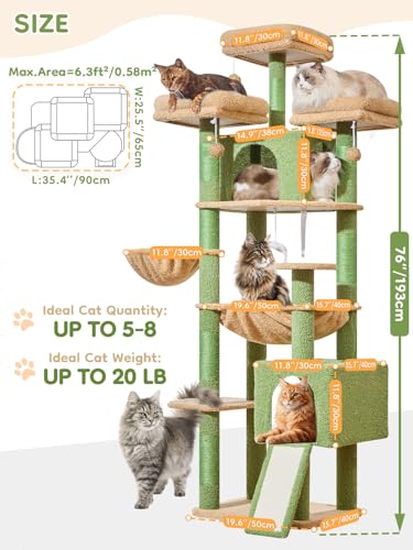 Image of Taoqimiao 76-Inch Cat Tree XXL for Large Cats, Giant Cat Tower with Scratching Board, Extra-Large Metal Hammock, 3 Perches, 7 Sisal Posts, 2 Big Condos, Hanging Basket, Cactus, MS047T