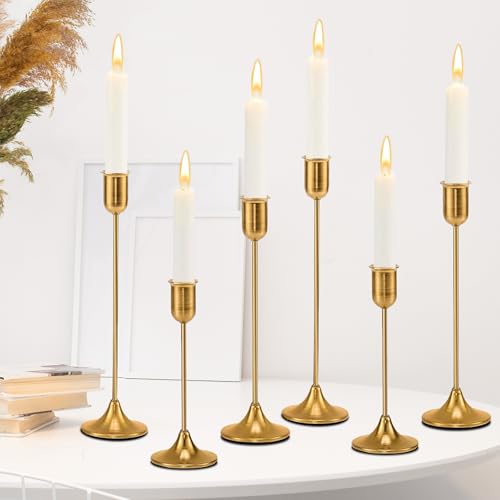 6 Pcs Brass Gold Candle Holders Set, Candelabra Tall Candle Stand, Metal Taper Candlestick Holders...