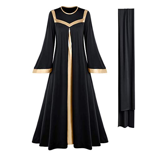 Women Adult Gold Metallic Bell Long Sleeve Praise Dance Dresses with Belt Liturgical Church Dancewear Loose Fit Full Length Color Block Tunic Robe Lyrical Skirt Worship Costume Praisewear Black XS