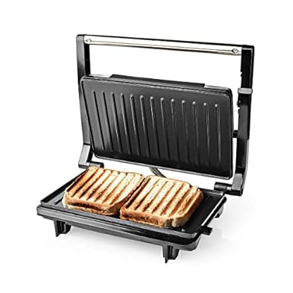 Nedis - Kontakt Grill - Automatischer Temperaturkontrolle - Platte mit Anti-Haft-Beschichtung - Betriebs- und Bereitschaftsanzeige - Cool-Touch-Griff - Abtropfwanne - 750 W - 23 x 14.5 cm - Metall