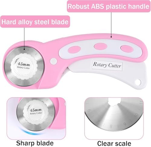 45mm Rotary Cutter for Fabric with 5pcs Extra Blades, Ergonomic Handle Rolling Cutter with Safety Lock for Fabric for Leather, Sewing, Quilting, Rotary Cutter Perfect for Left & Right Hand (Pink) - 2