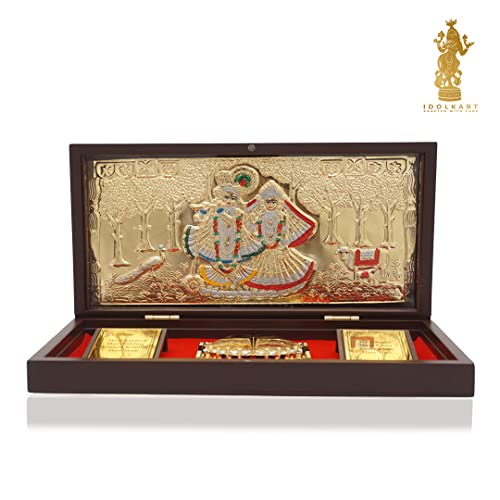 Image of Idolkart Radha Krishna Pocket Temple 24 Karat Gold Coated - Radhakrishna Photo Frames, Gift, Pooja Box Crafted from Wood | for Wealth, Prosperity & Vastu Benefits - Housewarming Gift - 4x8