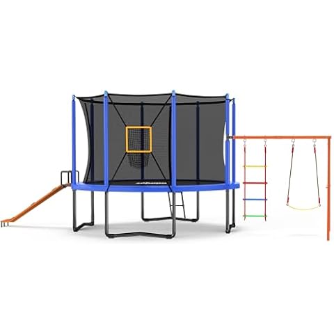 Zupapa 1200LBS Weight Capacity 5 in 1 Trampoline with Slide, Football Throw Net, Swing Set Combo, Rope Ladder with Safety Enclosure Net Outdoor Backyards Trampolines for Kids Adults Family Cover