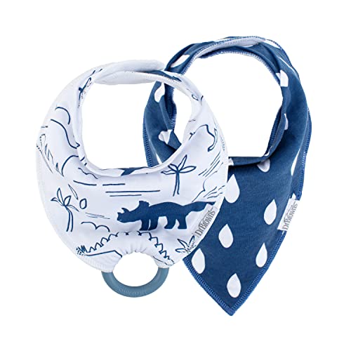 Image of Dr. Brown’s Bandana Bib with Snap-On Removable Teether, Cotton Baby Bib with Soft Fleece Lining for Teething & Drooling, 3m+, 2-Pack, Dinosaur & Blue Drops