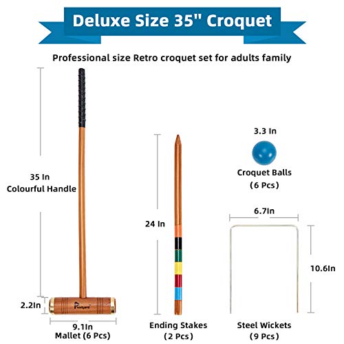 Pointyard 35’’ Six Player Croquet Set, Deluxe [Annatto Retro Style] Croquet Set with Wooden Mallets/Colored Ball/Wickets/Stakes for Adults/Teens/Family-Perfect for Lawn/Backyard Game/Park - Thumbnail 4