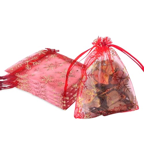 Image of YHJZ 50PCS Snowflake Organza Bags, 4x6 inches Small Christmas Gift Bags with Drawstring, Mesh Bags for Gift (Red Christmas)