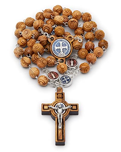 Mondo Cattolico Rosary Beads Prayer, Olive Wood Rosary with Enamel Centerpiece Medal of St. Benedict - Perfect Catholic gifts Religious