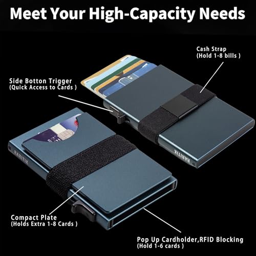 Image of Card Holder Wallets for Men | Slim Aluminum Wallet | RFID Blocking Minimalist Metal Pop Up Wallet | Money Clip & Cash Band | Expandable Compact Plate | Men's Accessories & Gifts for Men,Navy