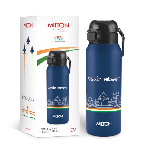 Image of Milton Dual Flow 600 Thermosteel Vande Mataram Water Bottle 595 ml, One Touch Safety Lock & Twin Lid Sip or Gulp,Long Hours Hot & Cold,Leak Proof,ISI Certified,Vacuum Insulated,Office,Gym,School,Blue