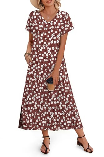 Image of Zeagoo Women Summer Floral Dress Short Sleeve Beach Dress with Pockets Casual V-Neck Split Long T-Shirt Dress Travel Vacation