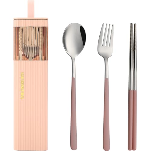 DEVICO Travel Utensils with Case, Stainless Steel Reusable Camping Silverware Set for Lunch Box, Portable Cutlery Kit Includes Fork, Spoon, Chopsticks (Pink)