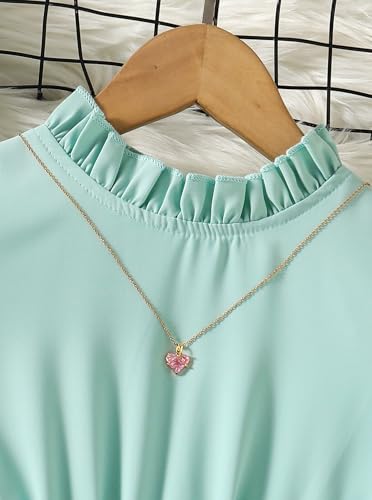 Hilinker Girls Short Sleeve Pleated Dresses Summer Puff Sleeve A-Line Belted Frill Trim Dress3