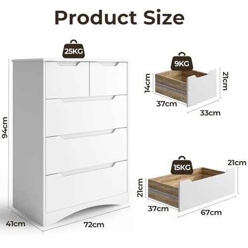 Blishom Kommode mit 5 Schubladen, Kommode für Schlafzimmer, für Büro, Wohnzimmer, Schlafzimmer, Flur, Möbel, 72x41x94 cm, Weiß