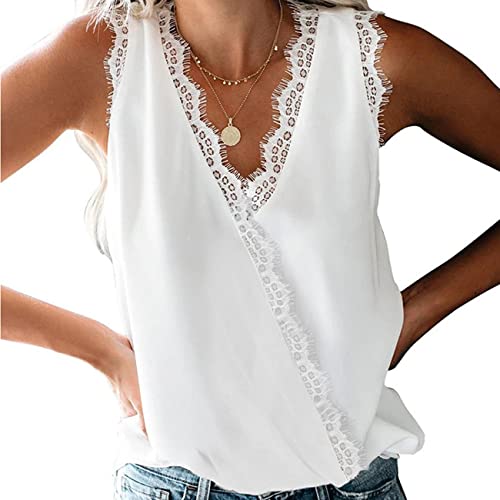 Chaleco sin Mangas con Cuello en V de Encaje sólido Informal de Verano para Mujer Top de Encaje Camisetas Sueltas Casuales Camisas Blusa Cruzado de Encaje sólido sin Mangas Chaleco de Gasa para Mujer