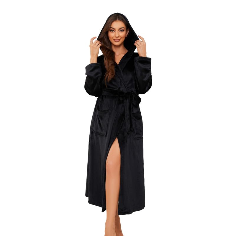 Womens Long Hooded Fleece Robe, Soft Warm Spa Bathrobe for Cozy Lightweight Loungewear