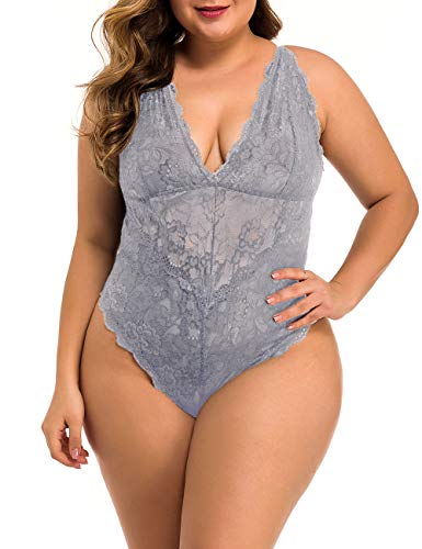 XAKALAKA Women Plus Size Lace Bodysuit Teddy Lingerie One Piece Babydoll Clubwear Grey L